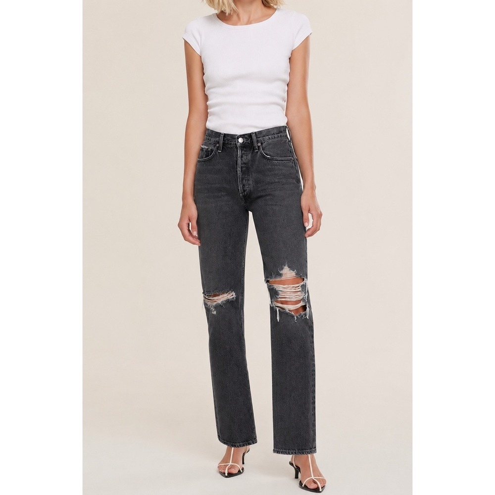 AGOLDE Lana Mid Rise Straight Leg Distressed Jeans Black A140B-1157 Size 25